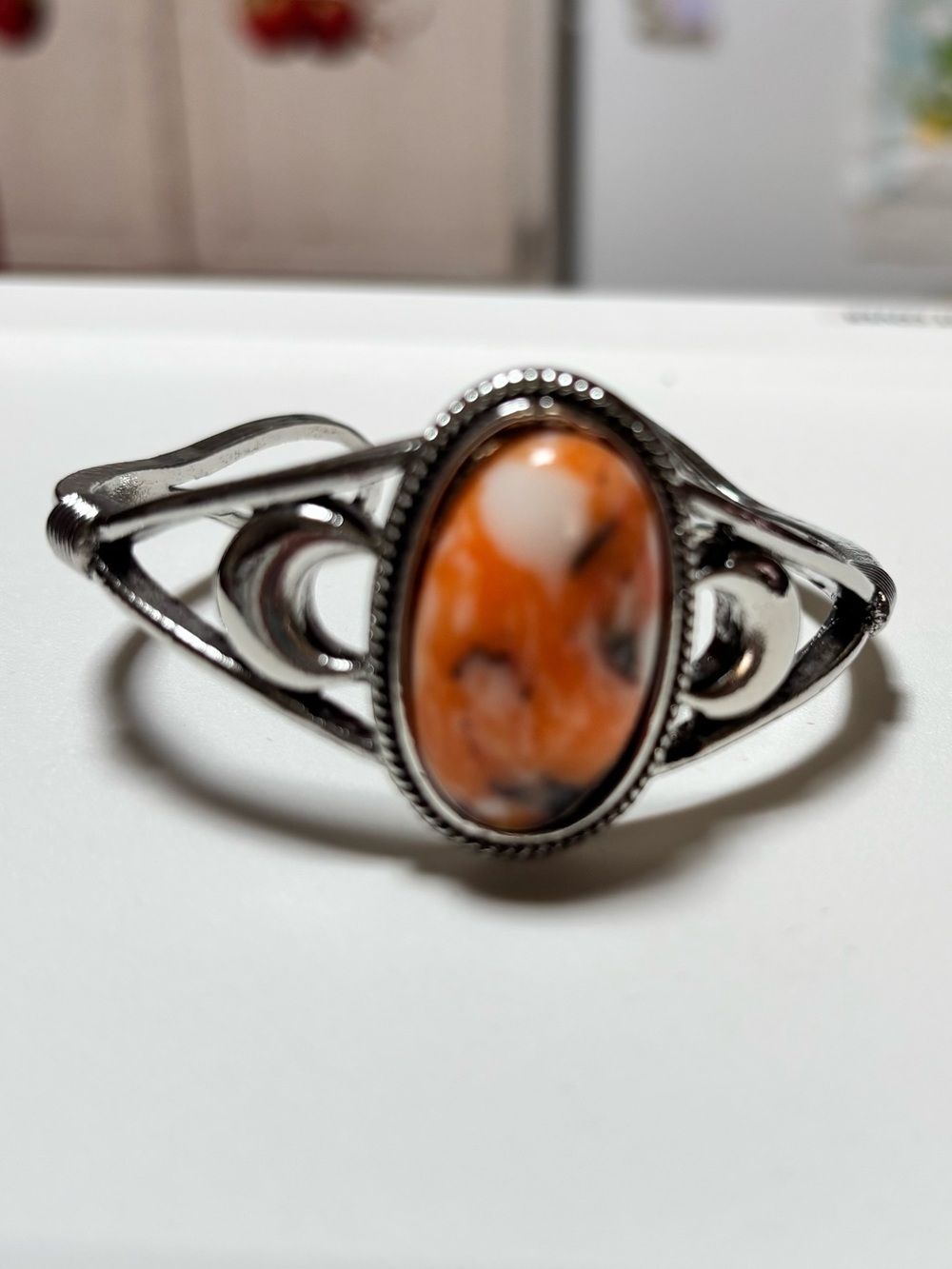 Orange Stone Silver-Tone Women's Cuff Bracelet with Silvery Moon Crescents